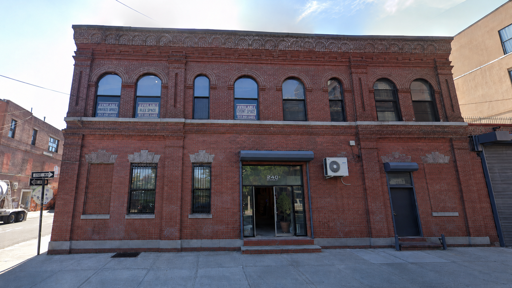 240 Meserole St on the East Williamsburg / Bushwick border in Brooklyn — the brick facade of the former 1930s garment factory that houses EastWick Studio