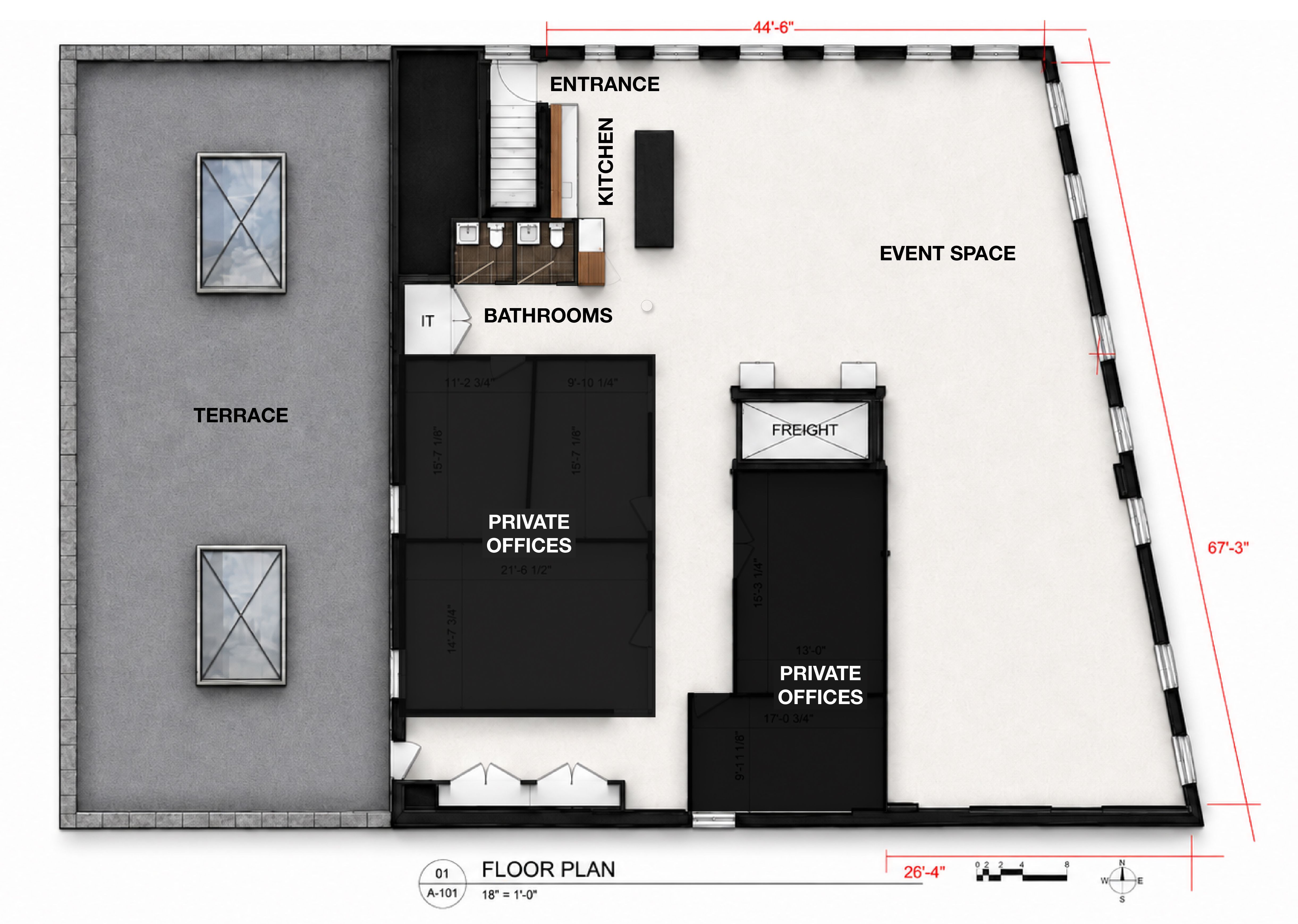 Floor plan of the event floor and rooftop terrace