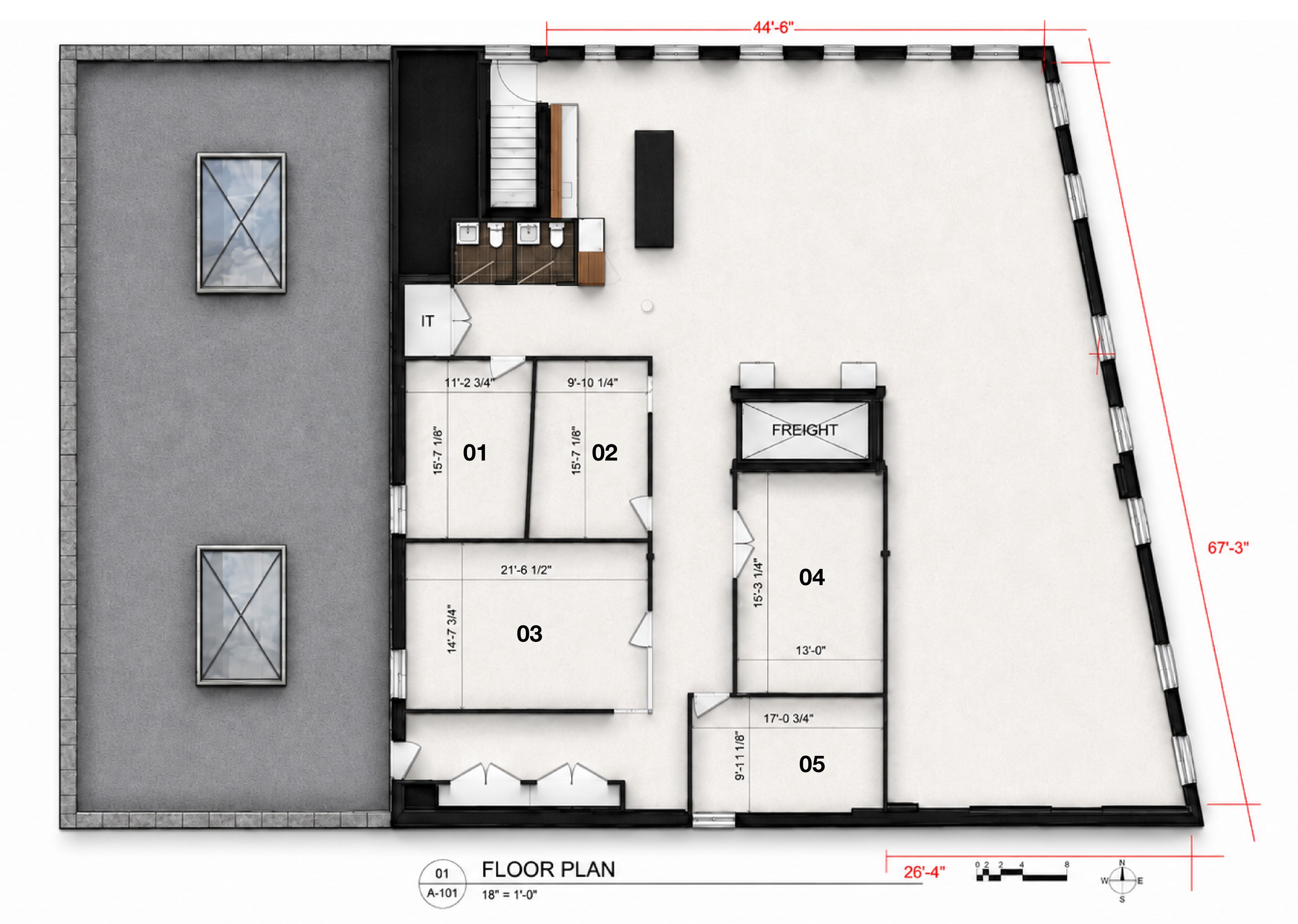 Floor plan of the five private studios surrounding the open event floor at EastWick Studio