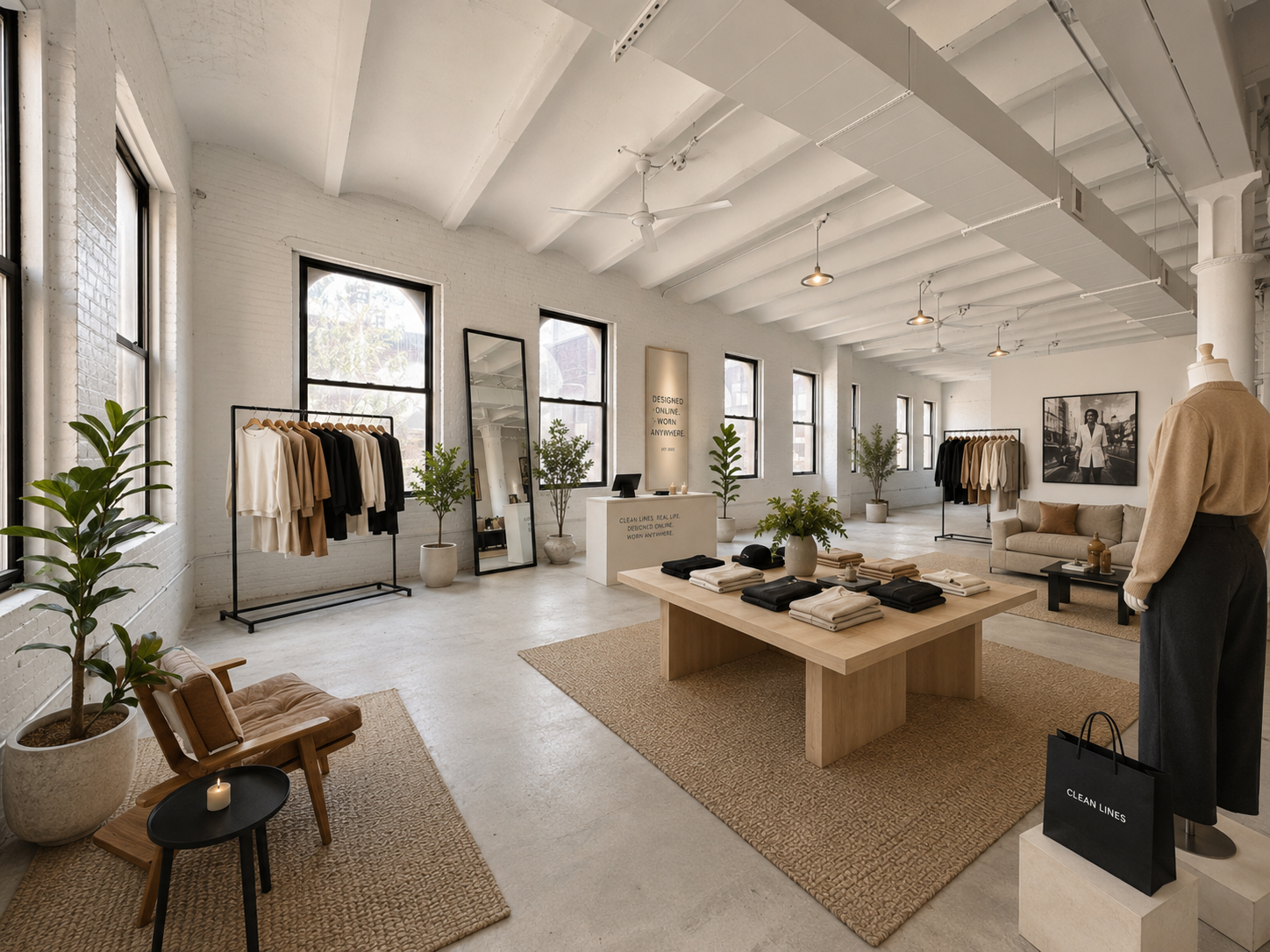 Pop-up retail with garment rails, a centre display table and a styled mannequin