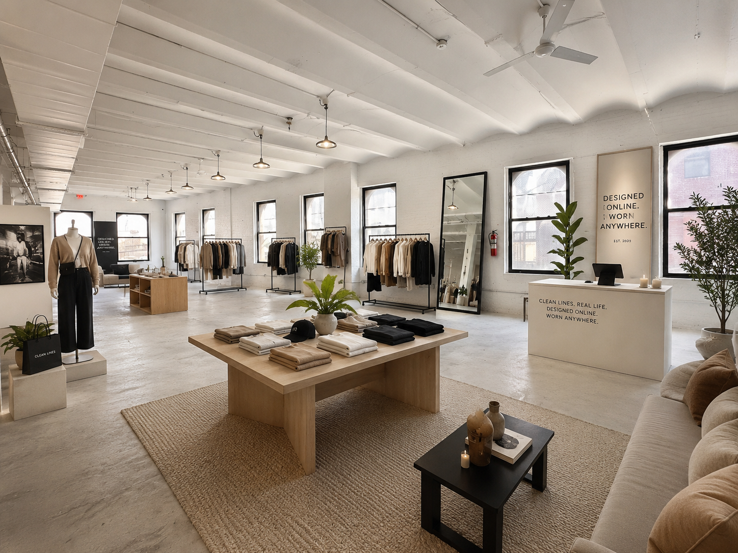A branded pop-up arranged around a central plinth and seating