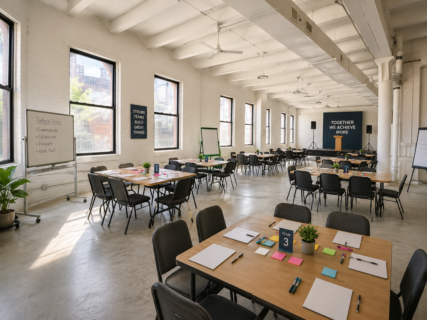 Class arranged across the light-filled studio